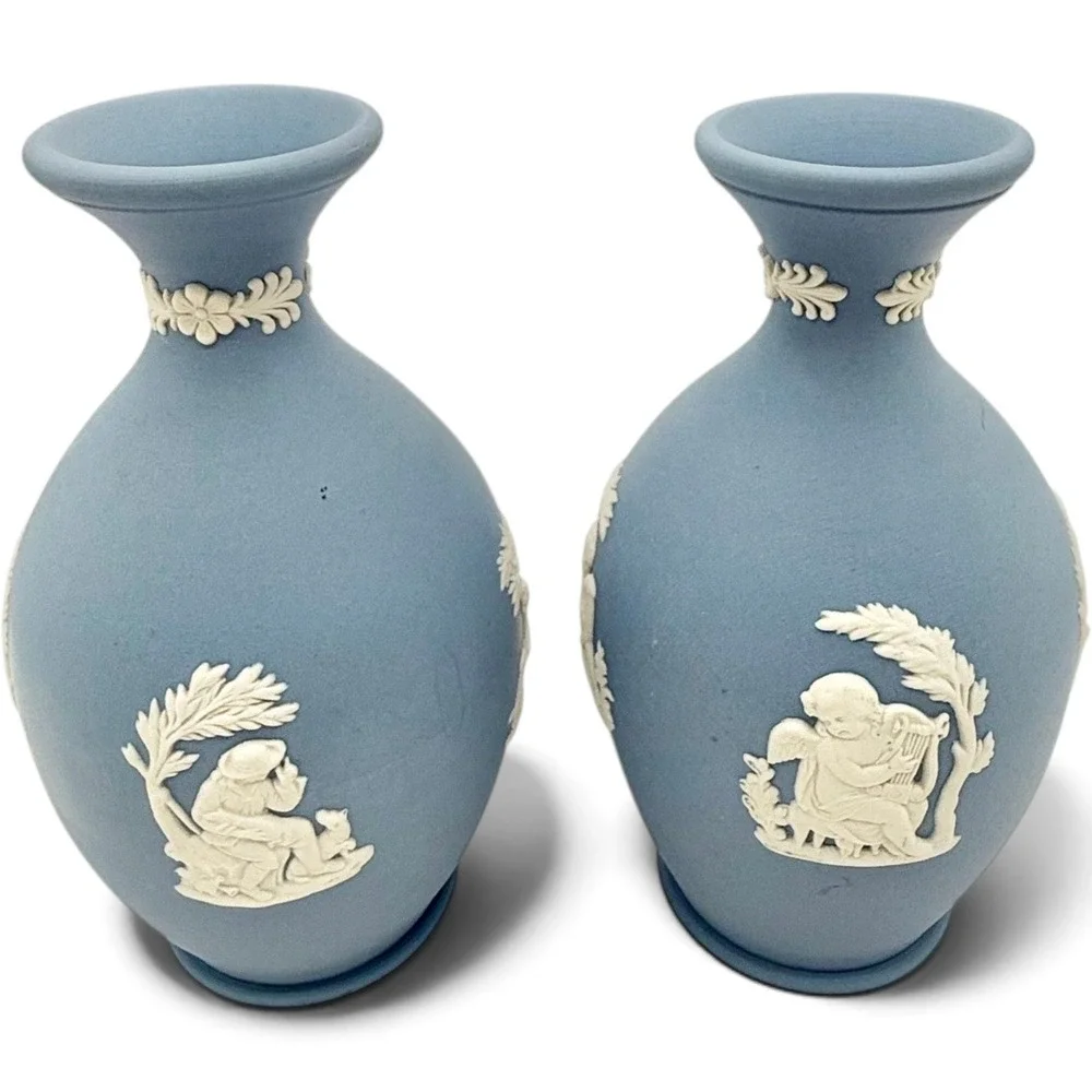 Vintage Wedgwood Blue Jasperware Bud Vases Pair White Cherub Relief Neoclassical